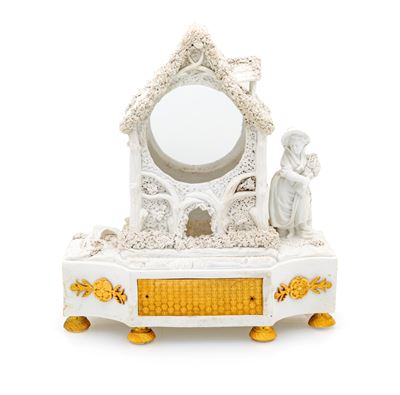 Manifattura mitteleuropea, Orologio a forma di casetta in biscuit con figura di contadina, XIX se...
