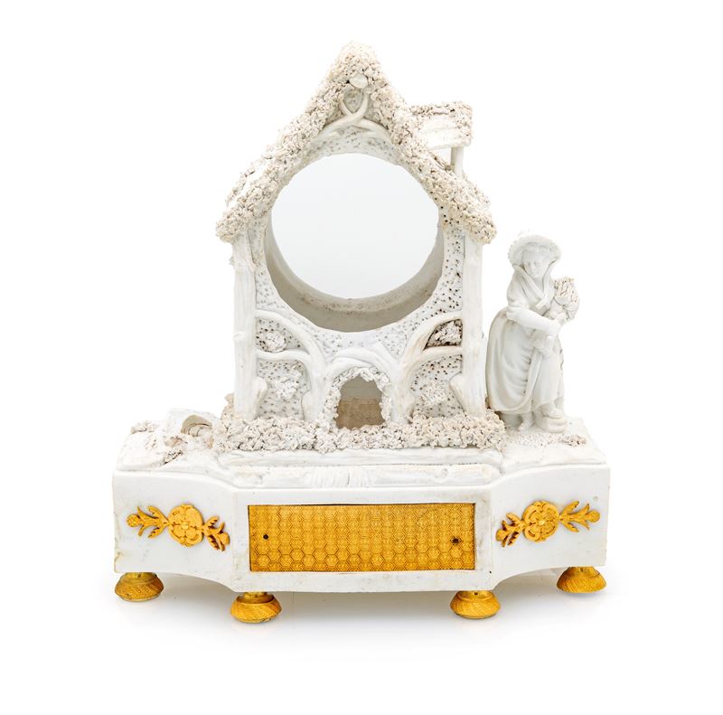 Manifattura mitteleuropea, Orologio a forma di casetta in biscuit con figura di contadina, XIX se...