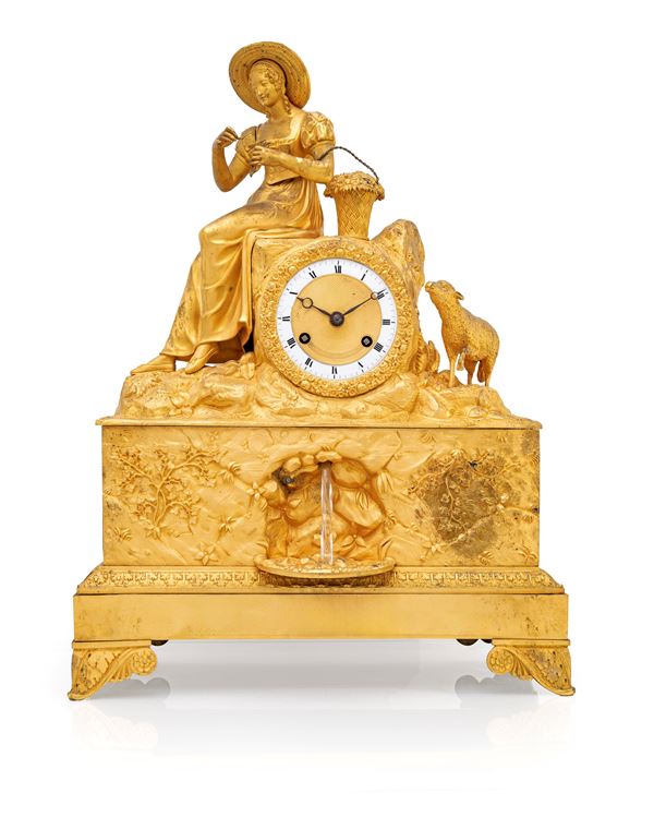 "Parigina" in bronzo dorato con figura di pastorella, Leroy à Paris, Francia, XIX secolo