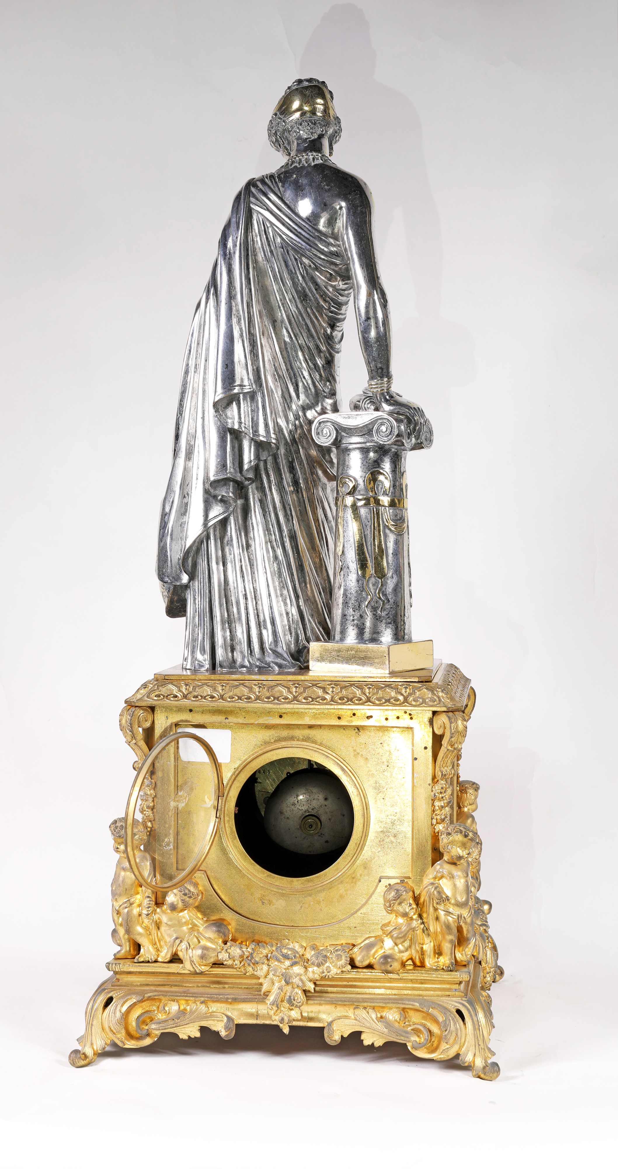 Jean-jacques (james) Pradier - Grande orologio in bronzo argentato e dorato con figura di Saffo e...