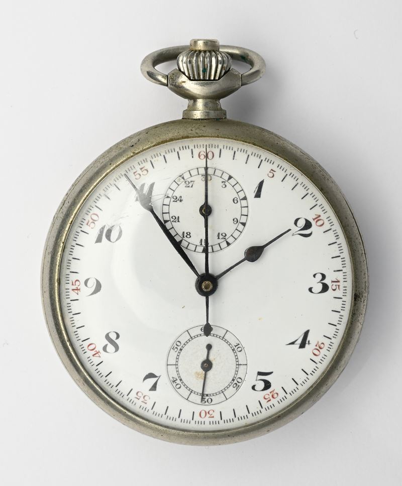 Anonimo svizzero, Orologio da tasca cronografo con scappamento ad ancora e remontoir, in metallo