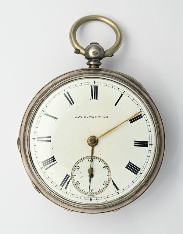 A.W.C. Waltham Brodway - Orologio da tasca con scappamento ad ancora carica a chiavetta da uomo in argento sterling, cassa con punzoni Birmingham 1898  (fine XIX secolo)  - Asta Asta a Tempo - Orologi da Tasca - Casa d'Aste Arcadia