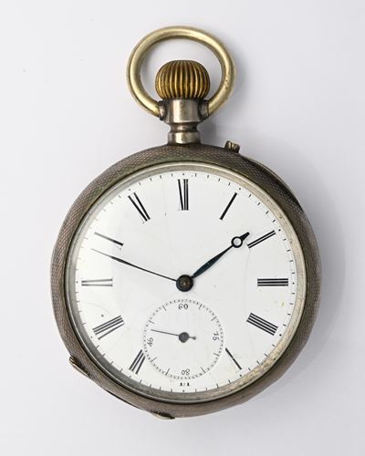 Orologio da tasca, scappamento ad ancora remontoir, metallo argentato, inizi XX secolo