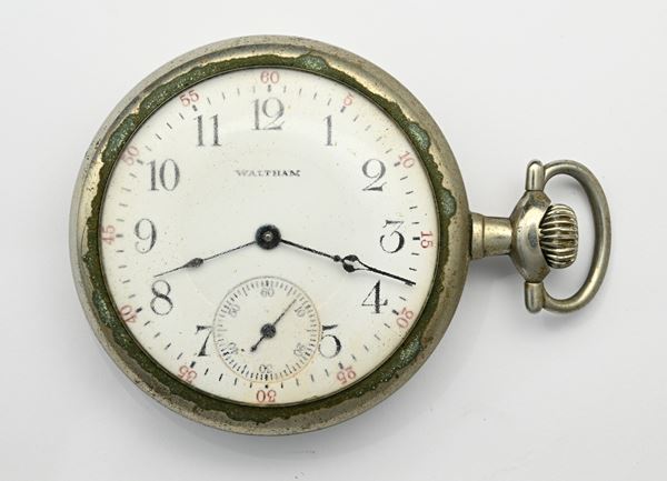 A.W.W. Waltham Mass. - Orologio da tasca con scappamento ad ancora con regolazione micrometrica remontoir da uomo in metallo argentato  (1920/30 circa)  - Auction Time Auction - Pocket Watches - Casa d'Aste Arcadia