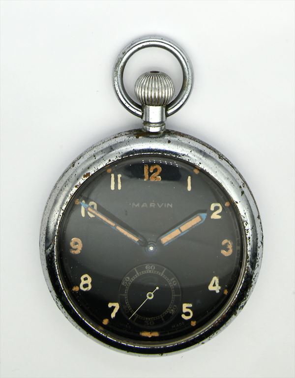 Marvin Watch Co. British Broad Arrow G.S.T.P. 258062 XX (modello 860) - Orologio militare da tasca con scappamento ad ancora spirale Breguet remontoir da uomo in metallo con lancette fluorescenti