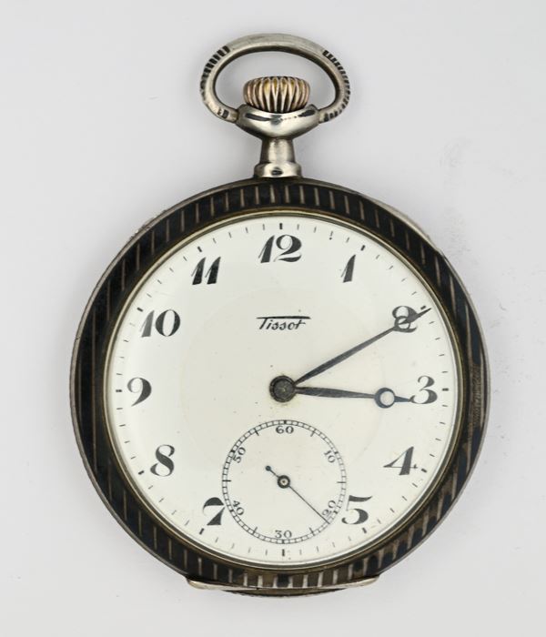 Tissot - Orologio da tasca per il mercato russo con scappamento ad ancora regolazione micrometrica remontoir da uomo in argento niellato 875/000 (84 Zolotnik)
