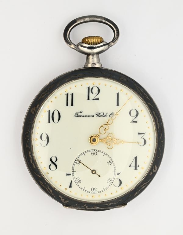Tavannes Watch Co. - Orologio da tasca per il mercato russo con scappamento ad ancora spirale Breguet remontoir da uomo in argento niellato 875/000 (84 Zolotnik)