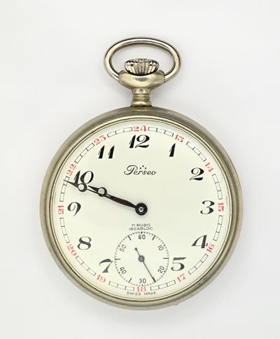Orologio da tasca da uomo con scappamento ad ancora remontoir incabloc, Perseo, metallo, anni ’50