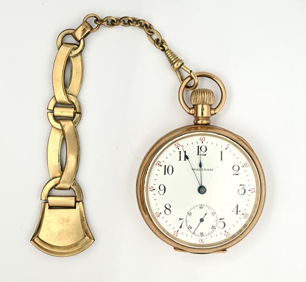 A.W.W. Co. Waltham Mass. - Orologio da tasca con scappamento ad ancora con regolazione micrometrica remontoir da uomo in metallo placcato in oro giallo con chatelain in metallo placcato in oro giallo