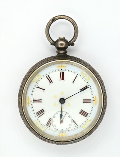 Orologio da tasca con scappamento ad ancora e carica a chiavetta, in argento 935/000