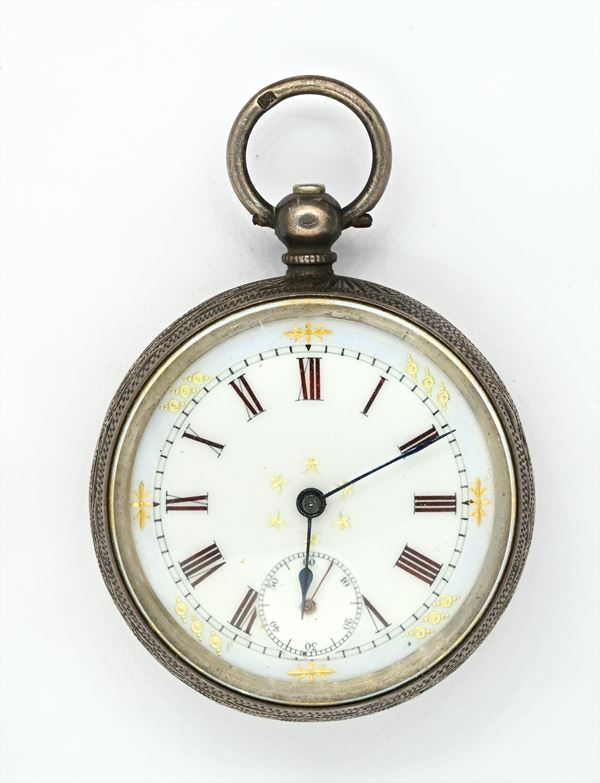 Orologio da tasca con scappamento ad ancora con carica a chiavetta da uomo in argento 935/000   (1880 circa)  - Asta Asta a Tempo - Orologi da Tasca - Casa d'Aste Arcadia