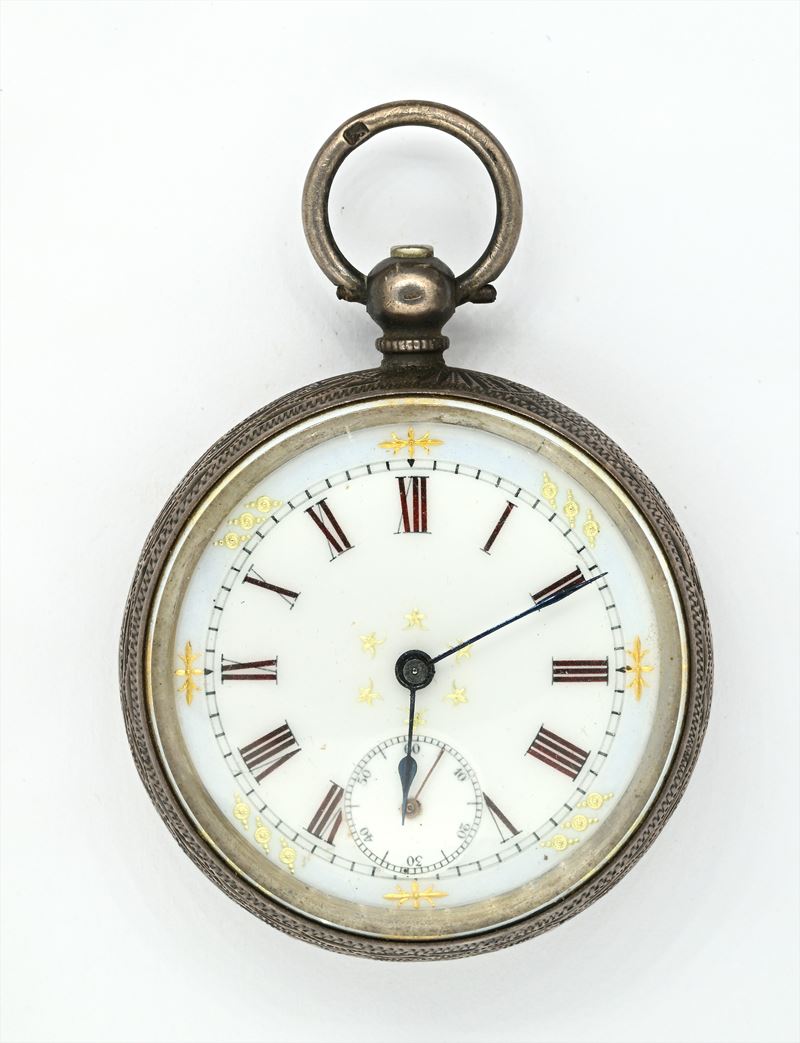 Orologio da tasca con scappamento ad ancora e carica a chiavetta, in argento 935/000