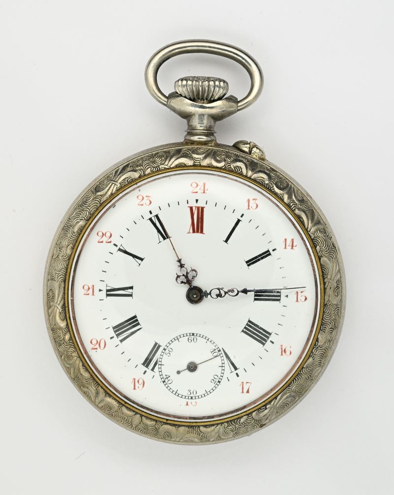 Anonimo, Orologio da tasca con scappamento a cilindro remontoir (metallo argentato), inizi XX sec...