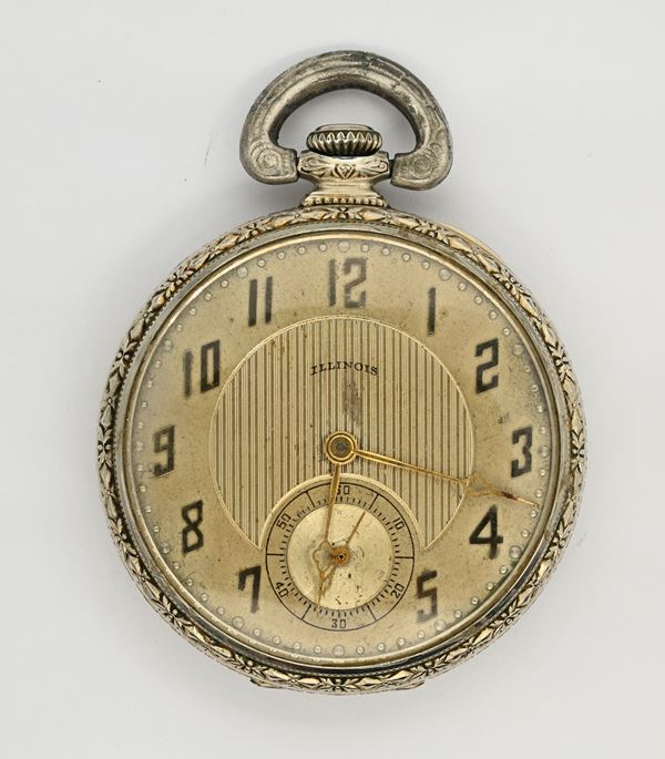 Illinois Watch Co. Springfield - Orologio da tasca con scappamento ad ancora con regolazione micrometrica remontoir da uomo in metallo laminato in oro bianco 14Kt
