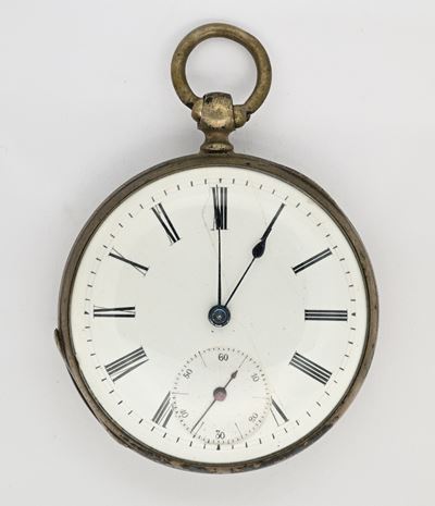Orologio da tasca anonimo, con scappamento a cilindro, carica a chiavetta, cassa e cuvette in arg...