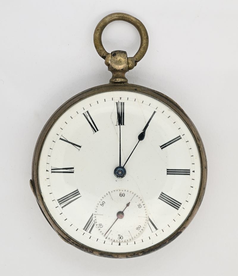 Orologio da tasca anonimo, con scappamento a cilindro, carica a chiavetta, cassa e cuvette in arg...