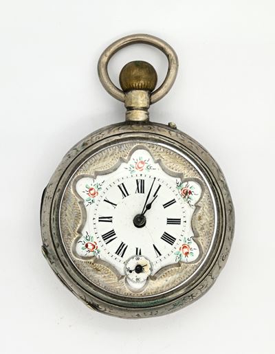 Tissot, Orologio da tasca con scappamento a cilindro e remontoir, metallo argentato