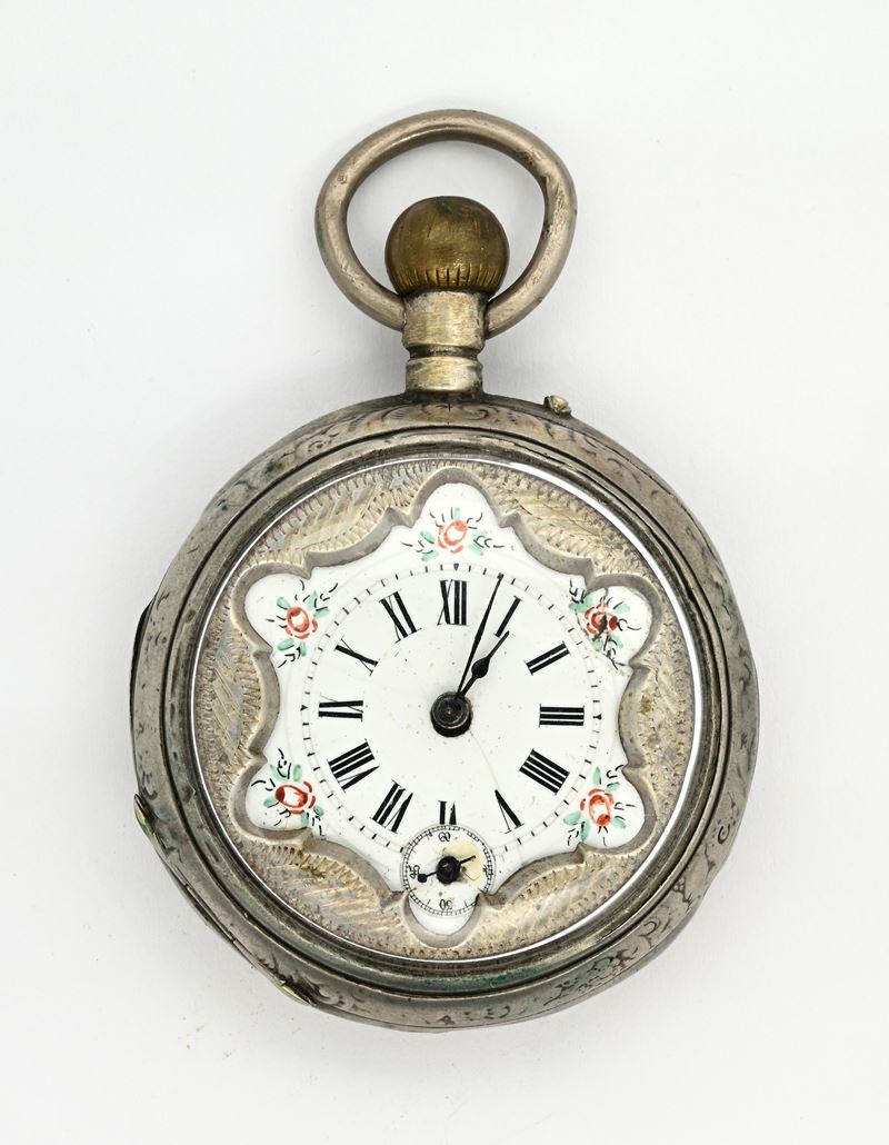 Tissot, Orologio da tasca con scappamento a cilindro e remontoir, metallo argentato