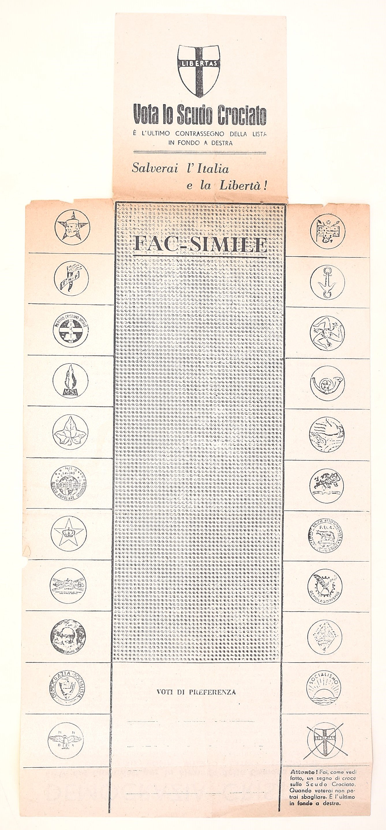 Fac-simile di scheda elettorale, Italia 1948 (18 aprile)