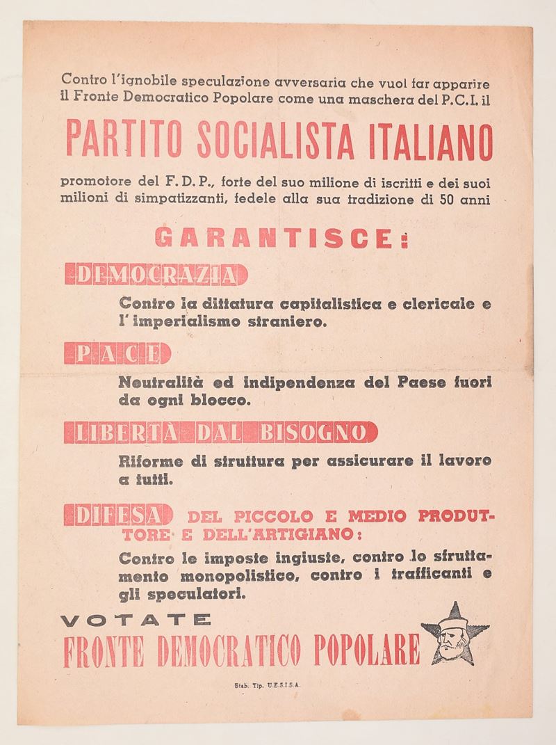 Partito Socialista Italiano, Manifesto/foglio propagandistico per le elezioni del 18 aprile 1948