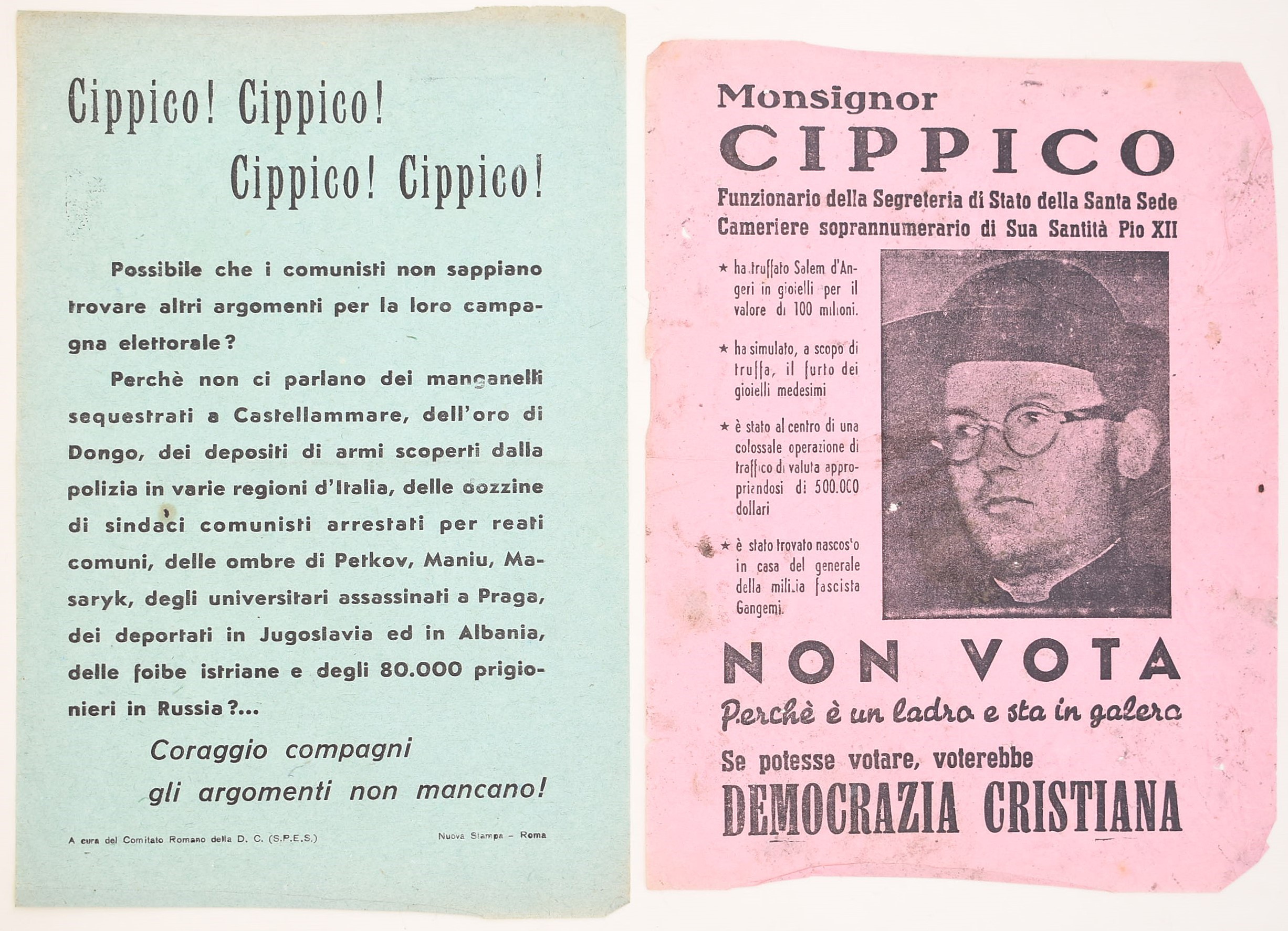 Italia, Manifesti e volantini elettorali sul caso Cippico e propaganda anticomunista (1948 circa)...