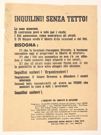 Stampato di agitazione sociale, “Inquilini! Senza tetto!”, Roma, fine anni ’40 (248 x 185 mm)
