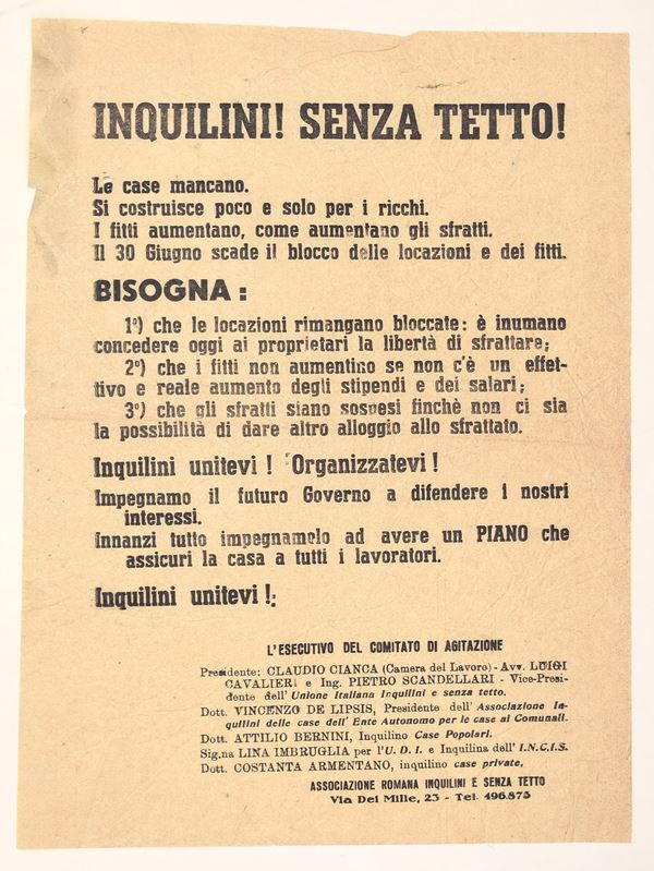 Stampato di agitazione sociale – “Inquilini! Senza tetto!”, Roma, fine anni ’40