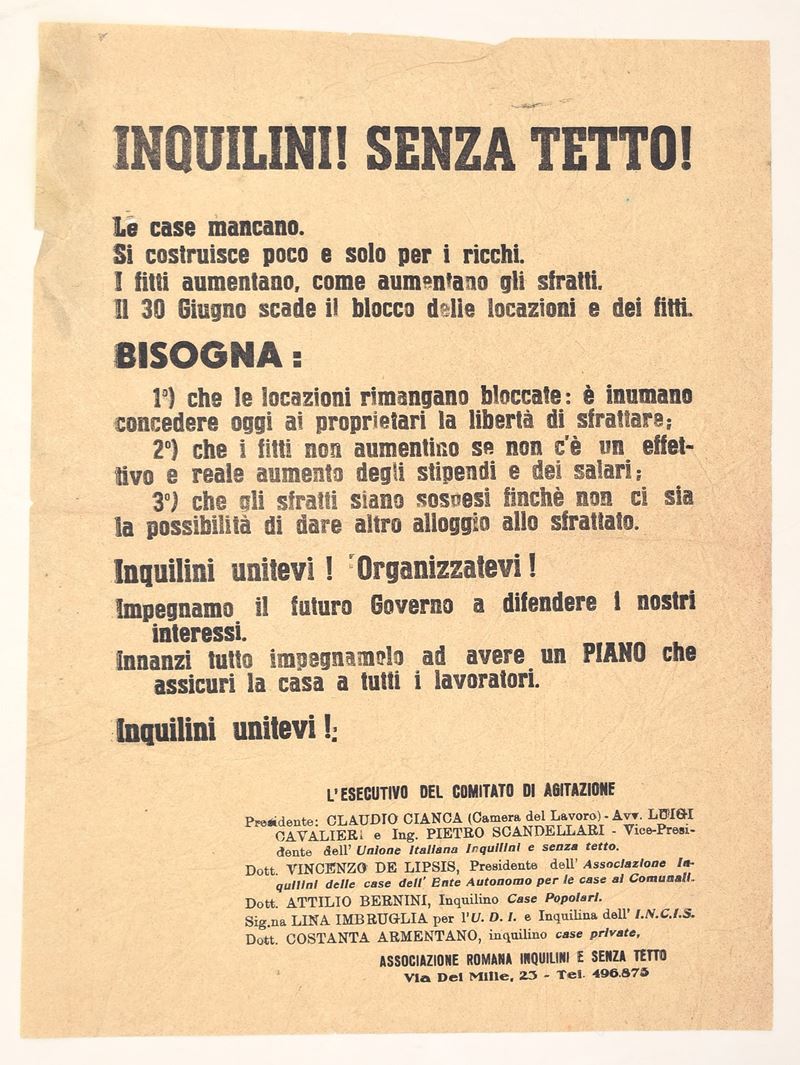 Stampato di agitazione sociale, “Inquilini! Senza tetto!”, Roma, fine anni ’40 (248 x 185 mm)