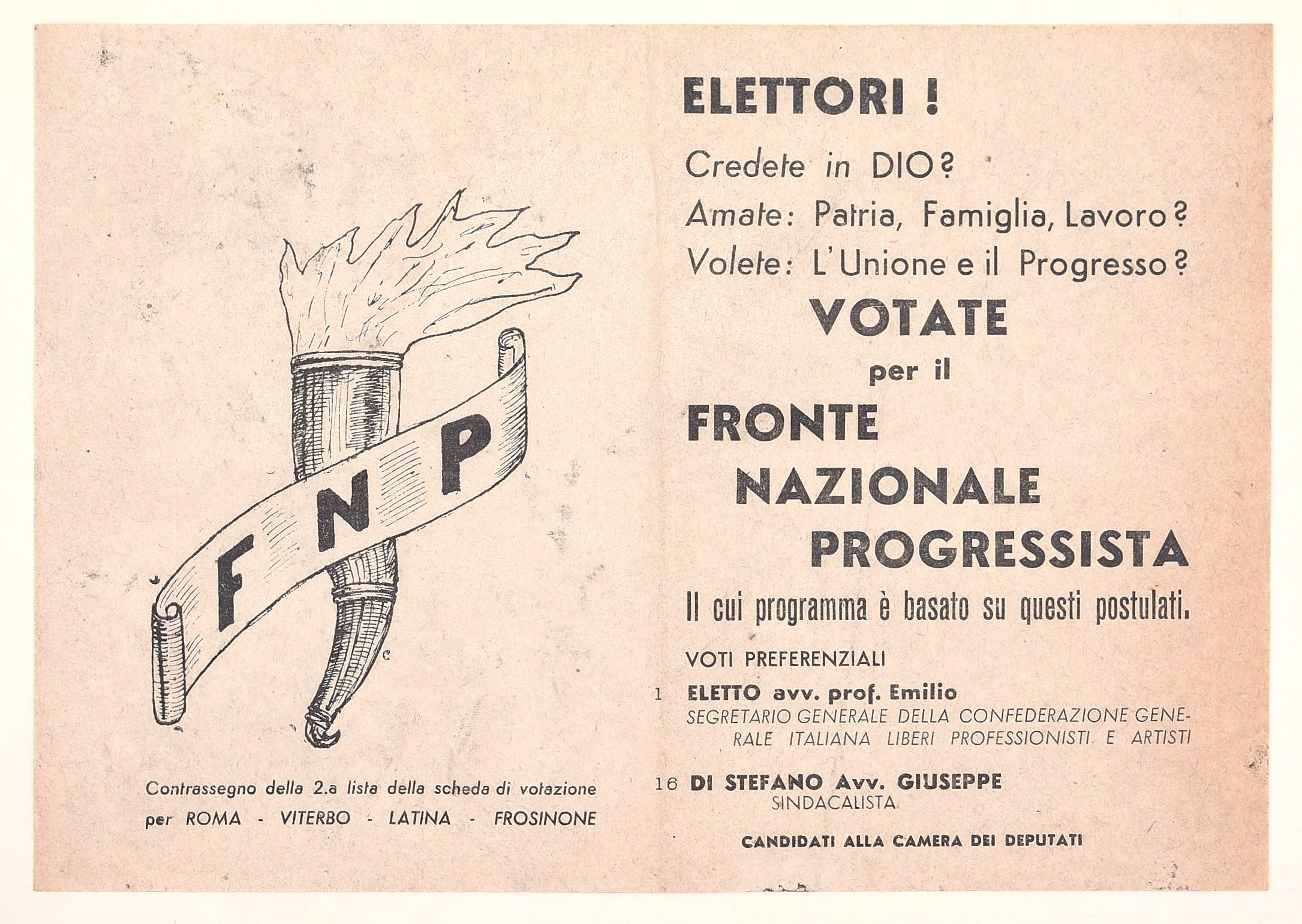Stampati propagandistici elettorali, Fronte Democratico Popolare e Fronte Nazionale Progressista ...