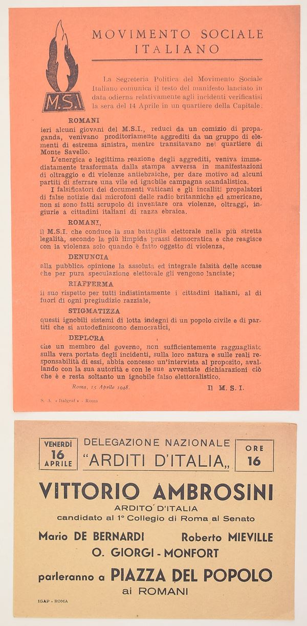 Stampati propagandistici – Movimento Sociale Italiano – Italia, 1948