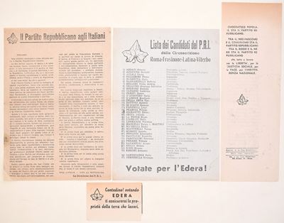 Materiale di propaganda politica del Partito Repubblicano Italiano (PRI), Insieme di quattro fogl...