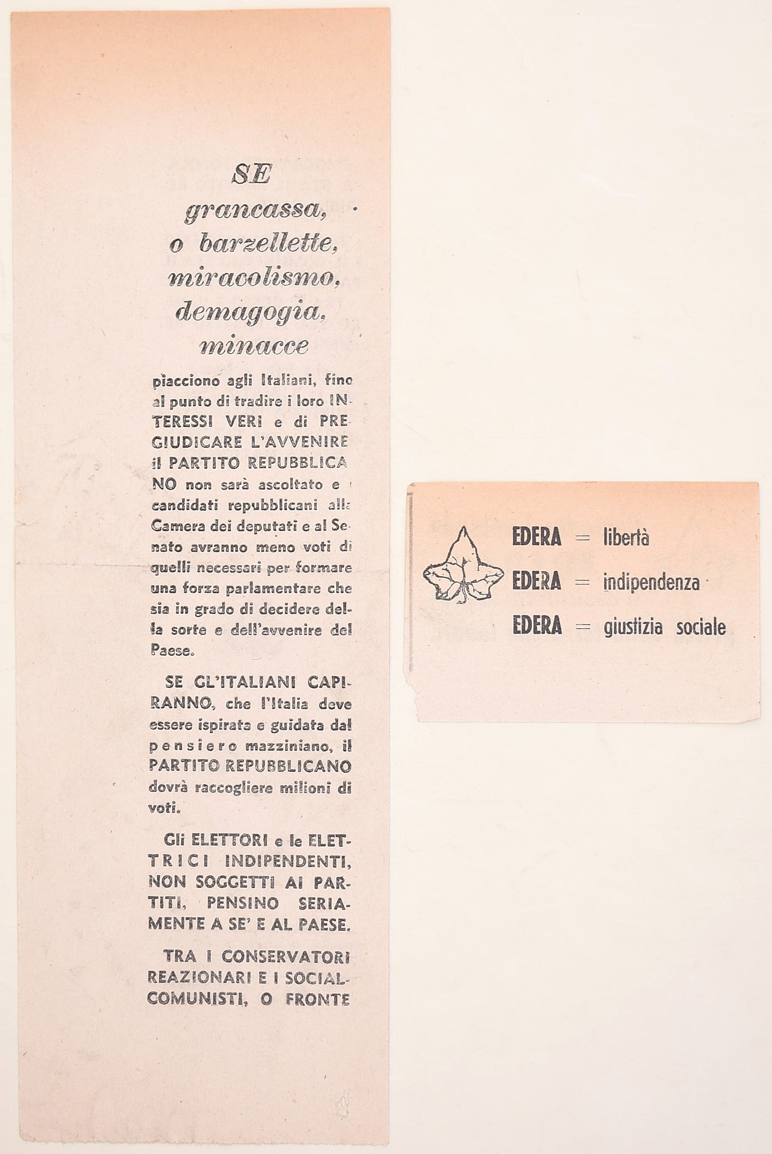 Materiale di propaganda politica del Partito Repubblicano Italiano (PRI), Insieme di quattro fogl...
