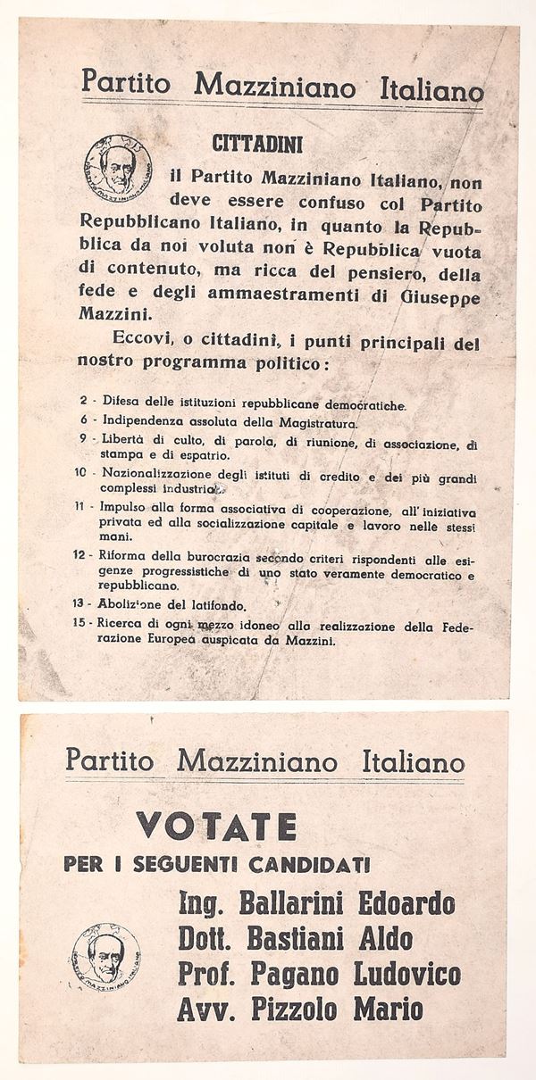 Partito Mazziniano Italiano – Volantini elettorali  - Auction Time Auction - The Age of Propaganda: Posters, Flyers, Political Documents, and Archival Ephemera - Casa d'Aste Arcadia