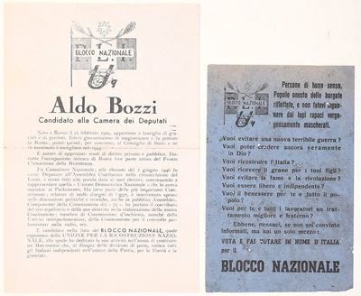 Blocco Nazionale, Coppia di volantini elettorali originali con candidatura di Aldo Bozzi (stampa ...