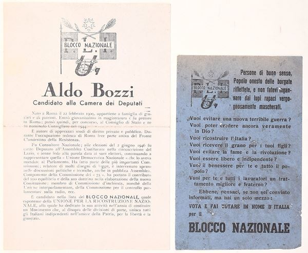 Coppia di volantini elettorali originali – Blocco Nazionale/Aldo Bozzi – Italia, secondo dopoguerra