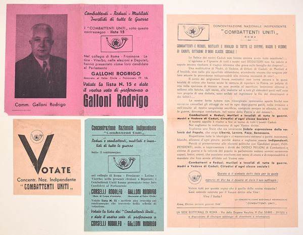 Volantini di propaganda elettorale – “Combattenti Uniti” Galloni Rodrigo – Elezioni politiche italiane 1948  - Asta Asta a Tempo - Il Secolo della Propaganda: manifesti, volantini, documenti politici ed ephemera d'archivio - Casa d'Aste Arcadia