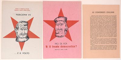 Volantini politici anticomunisti, tre esemplari con raffigurazione simbolica polemica (Italia, do...