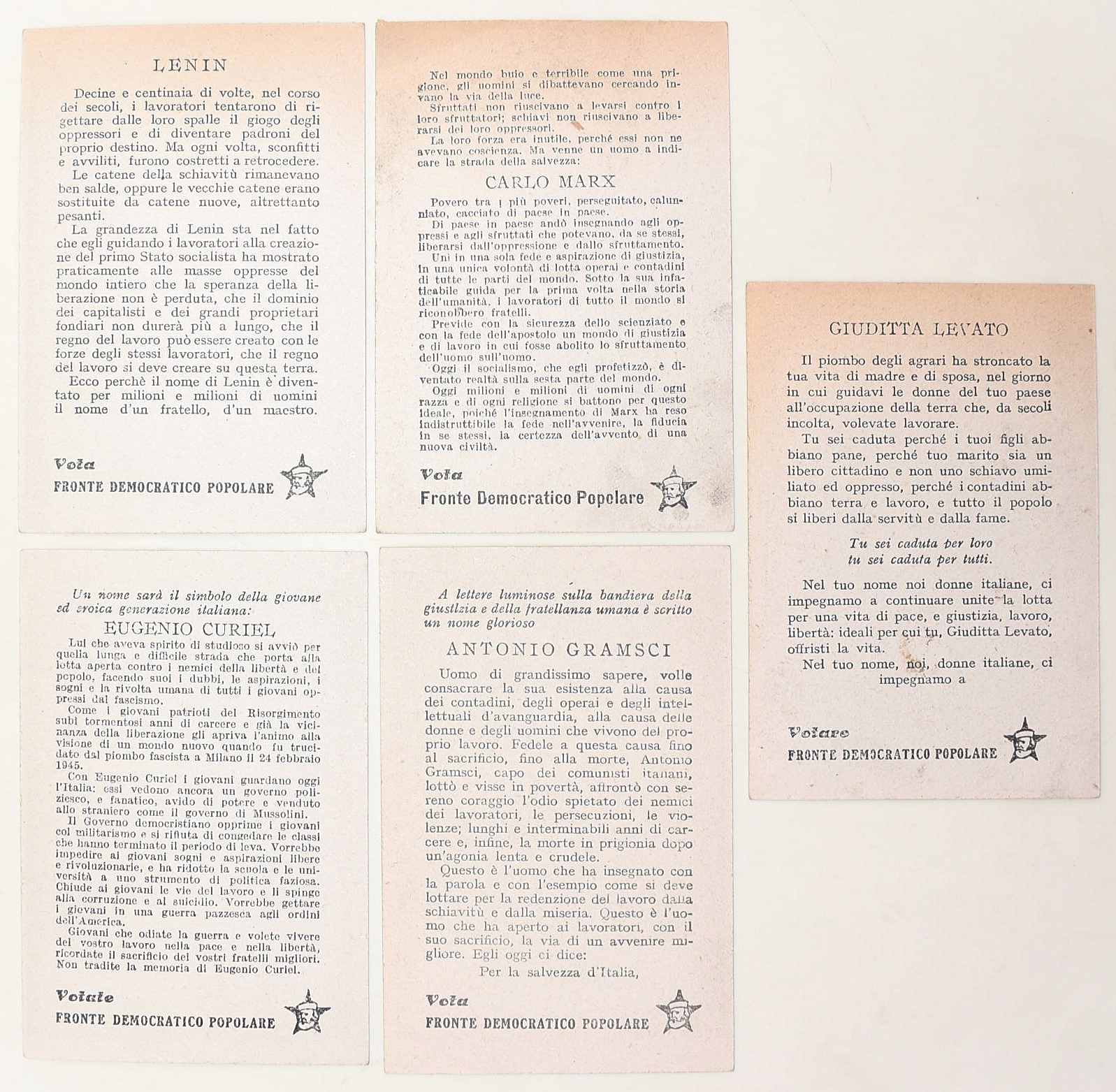 Volantini del Fronte Democratico Popolare, Serie illustrata con Gramsci, Marx, Lenin, Curiel e Gi...