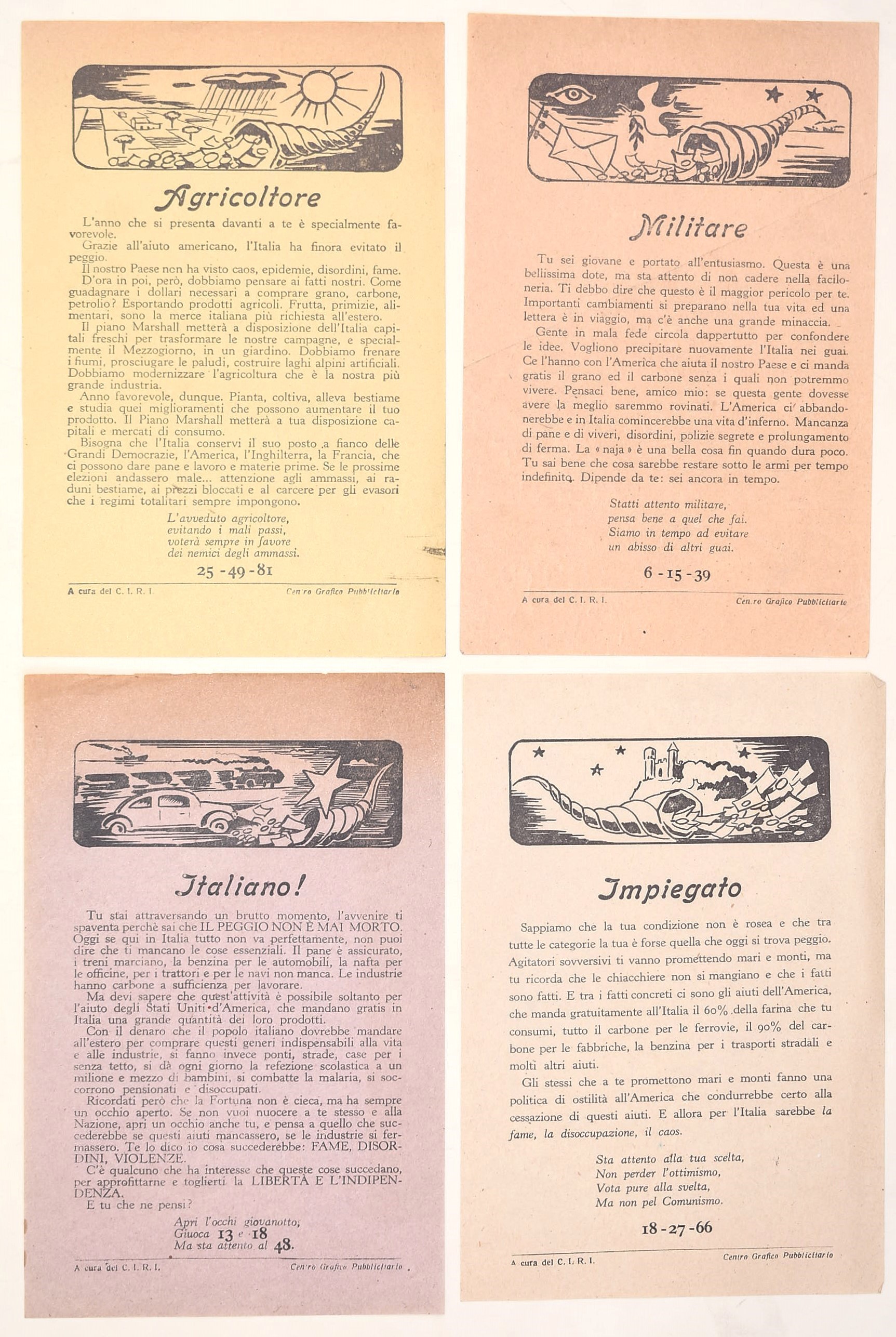 C.I.R.I. (Centro Grafico Pubblicitario), Volantini illustrati di propaganda elettorale anticomuni...