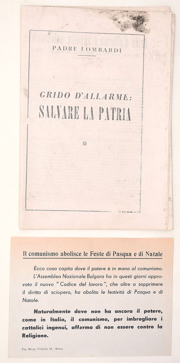 Padre Lombardi, “Grido d’allarme: Salvare la Patria” – Supplemento a “Il Quotidiano”, UESISA, Roma 1952 + volantino Tip. Borgo Vittorio 34, Roma