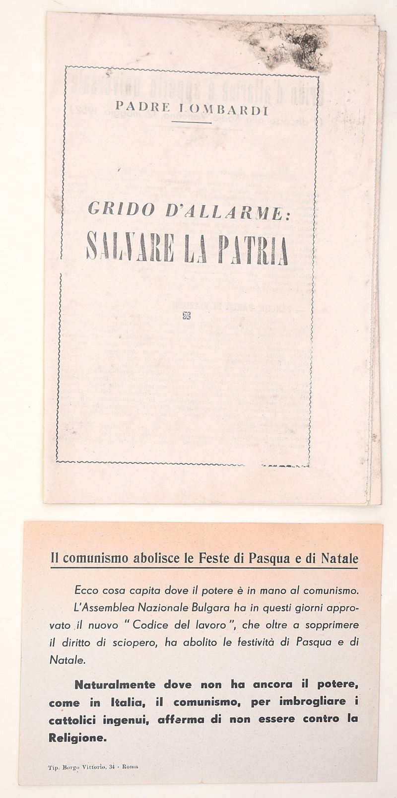 Padre Lombardi, Grido d’allarme: Salvare la Patria. Supplemento a Il Quotidiano (UESISA), Roma 19...