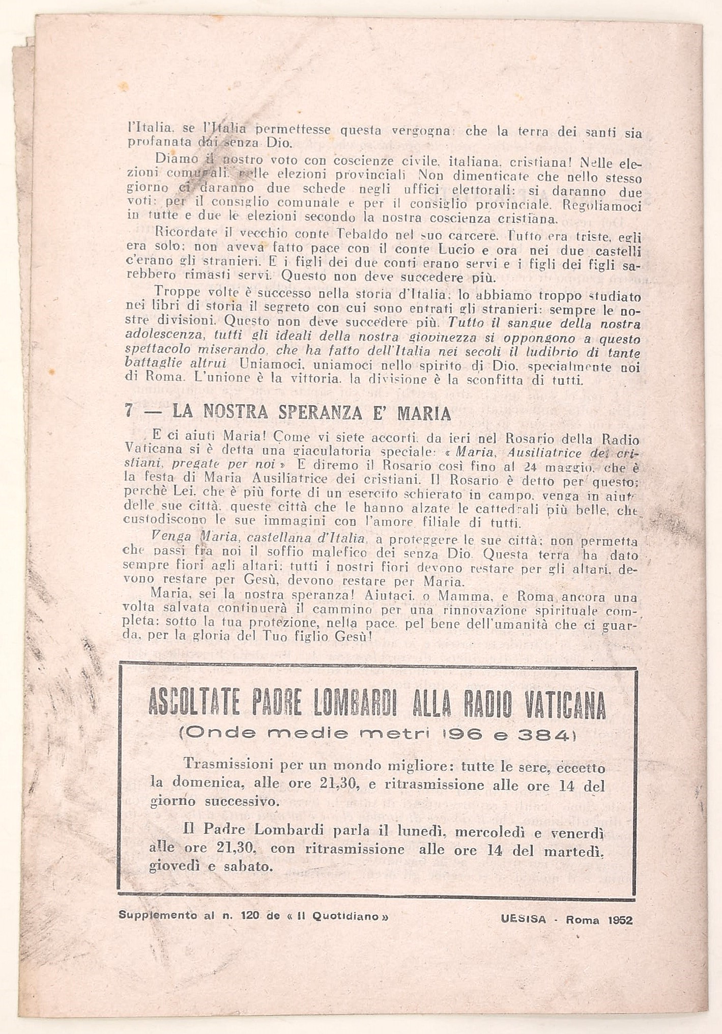 Padre Lombardi, Grido d’allarme: Salvare la Patria. Supplemento a Il Quotidiano (UESISA), Roma 19...