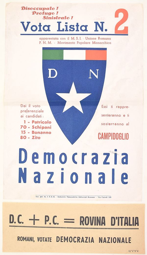Democrazia Nazionale – Propaganda elettorale romana “Vota Lista N. 2” e volantino polemico 