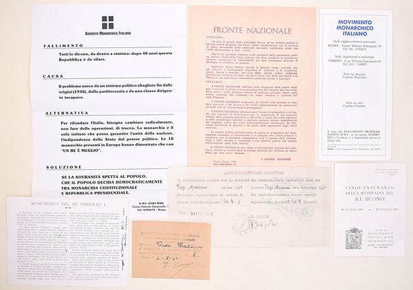 Materiale politico monarchico e nazionalista, anni '40-'60 del '900  - Auction Time Auction - The Age of Propaganda: Posters, Flyers, Political Documents, and Archival Ephemera - Casa d'Aste Arcadia