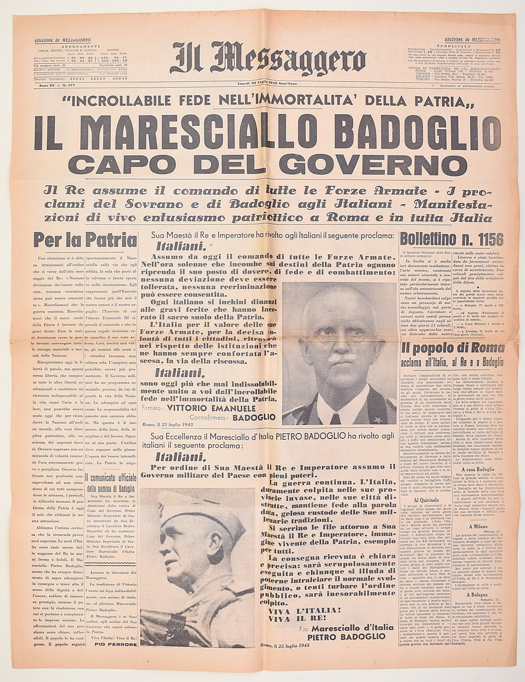 Fogli storico-documentari, Caduta del fascismo e governo Badoglio con facsimile de Il Messaggero ...