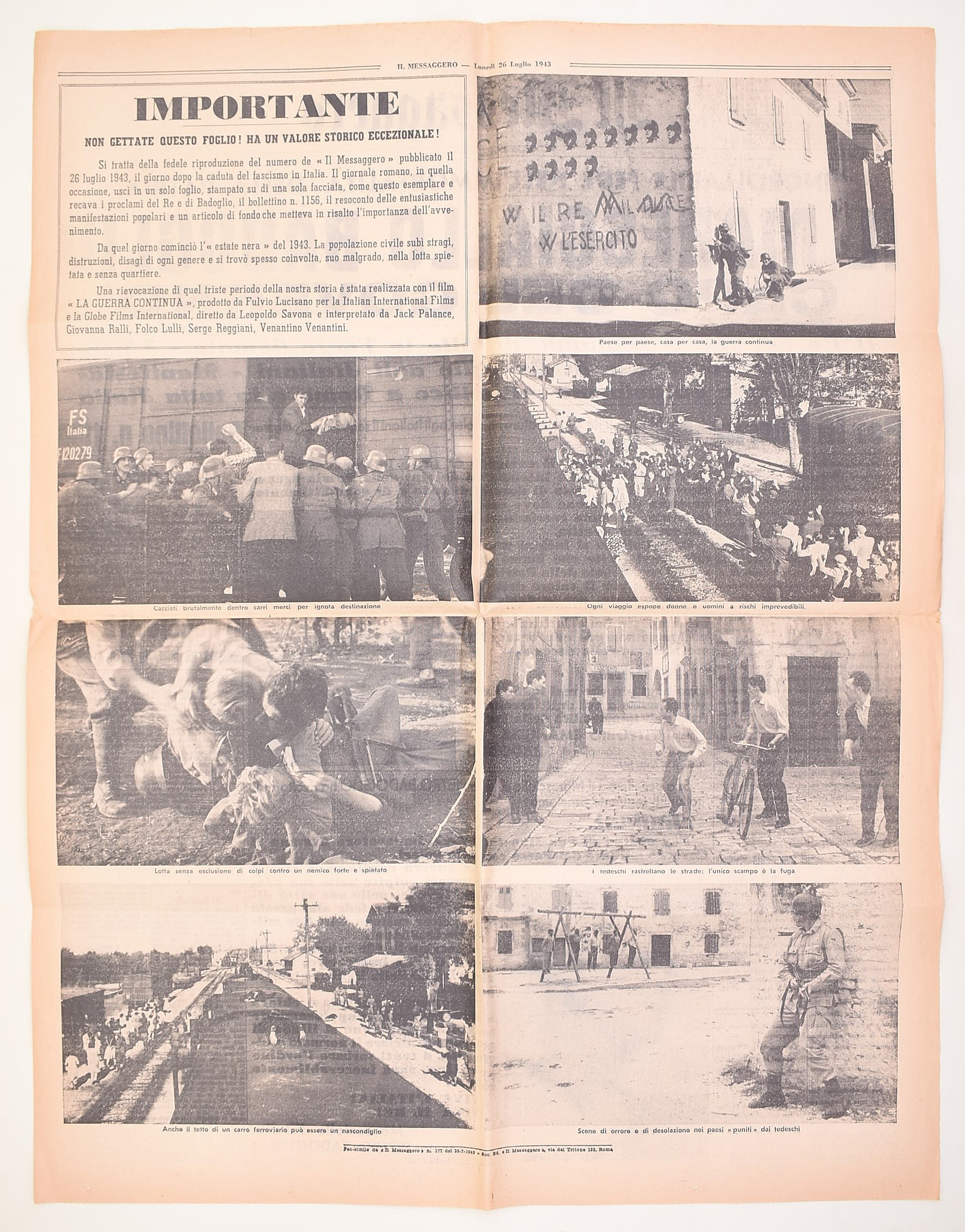 Fogli storico-documentari, Caduta del fascismo e governo Badoglio con facsimile de Il Messaggero ...