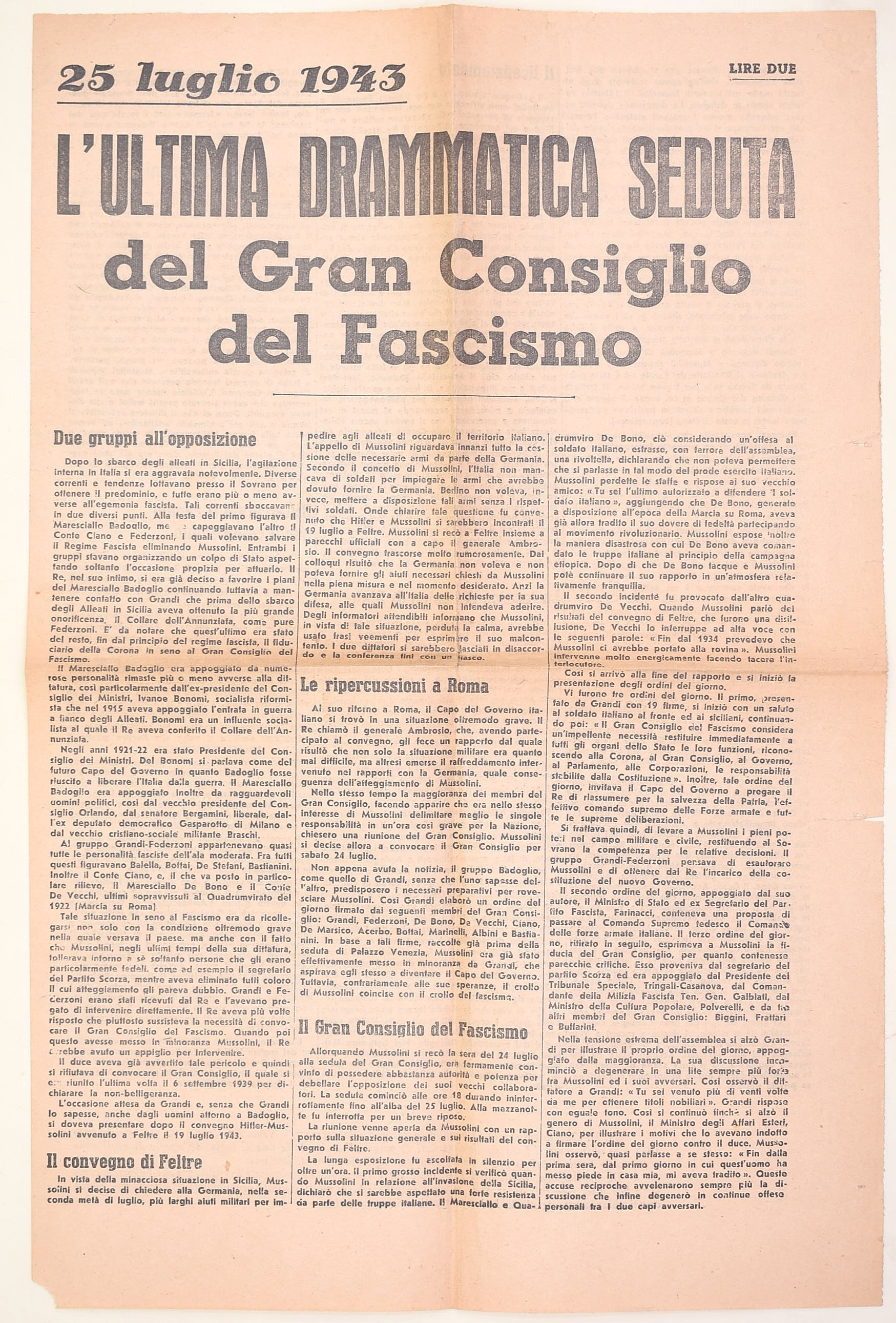 Fogli storico-documentari, Caduta del fascismo e governo Badoglio con facsimile de Il Messaggero ...