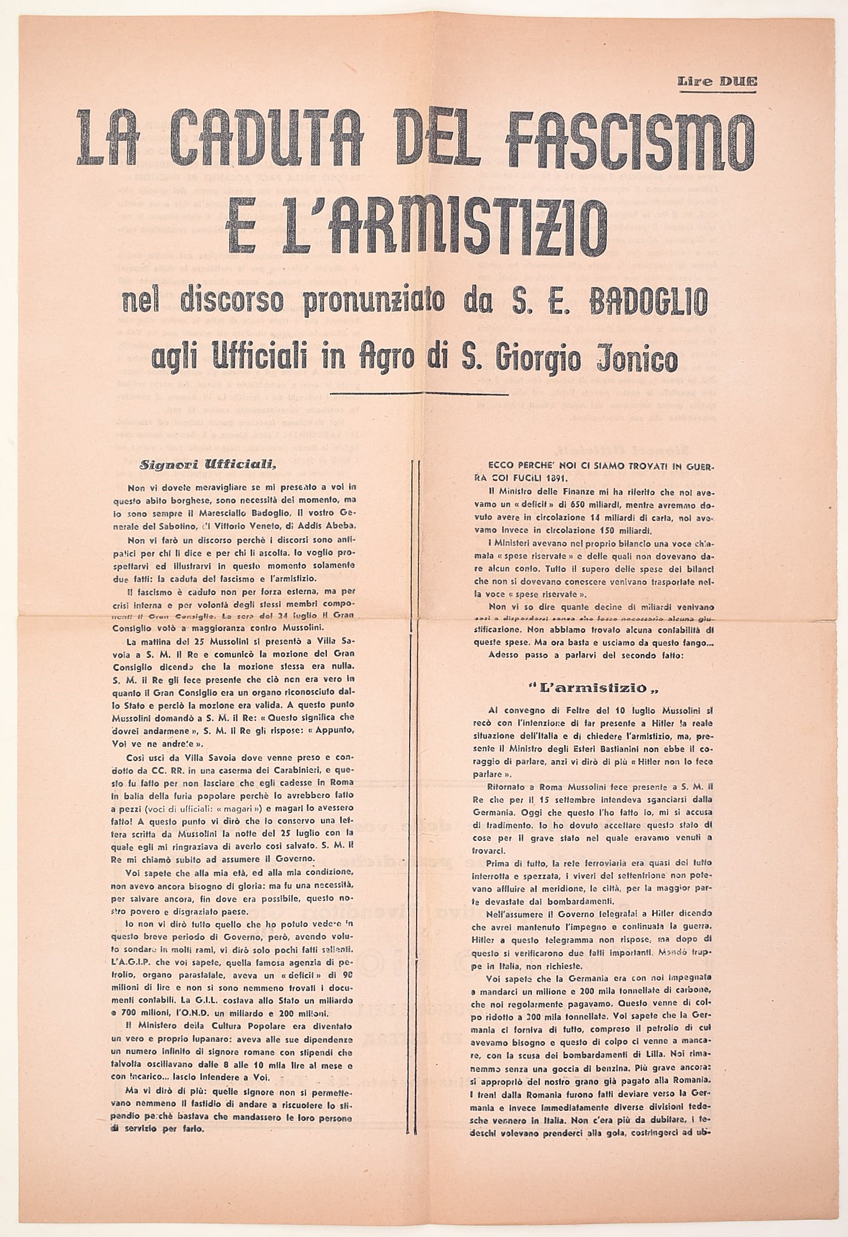 Fogli storico-documentari, Caduta del fascismo e governo Badoglio con facsimile de Il Messaggero ...