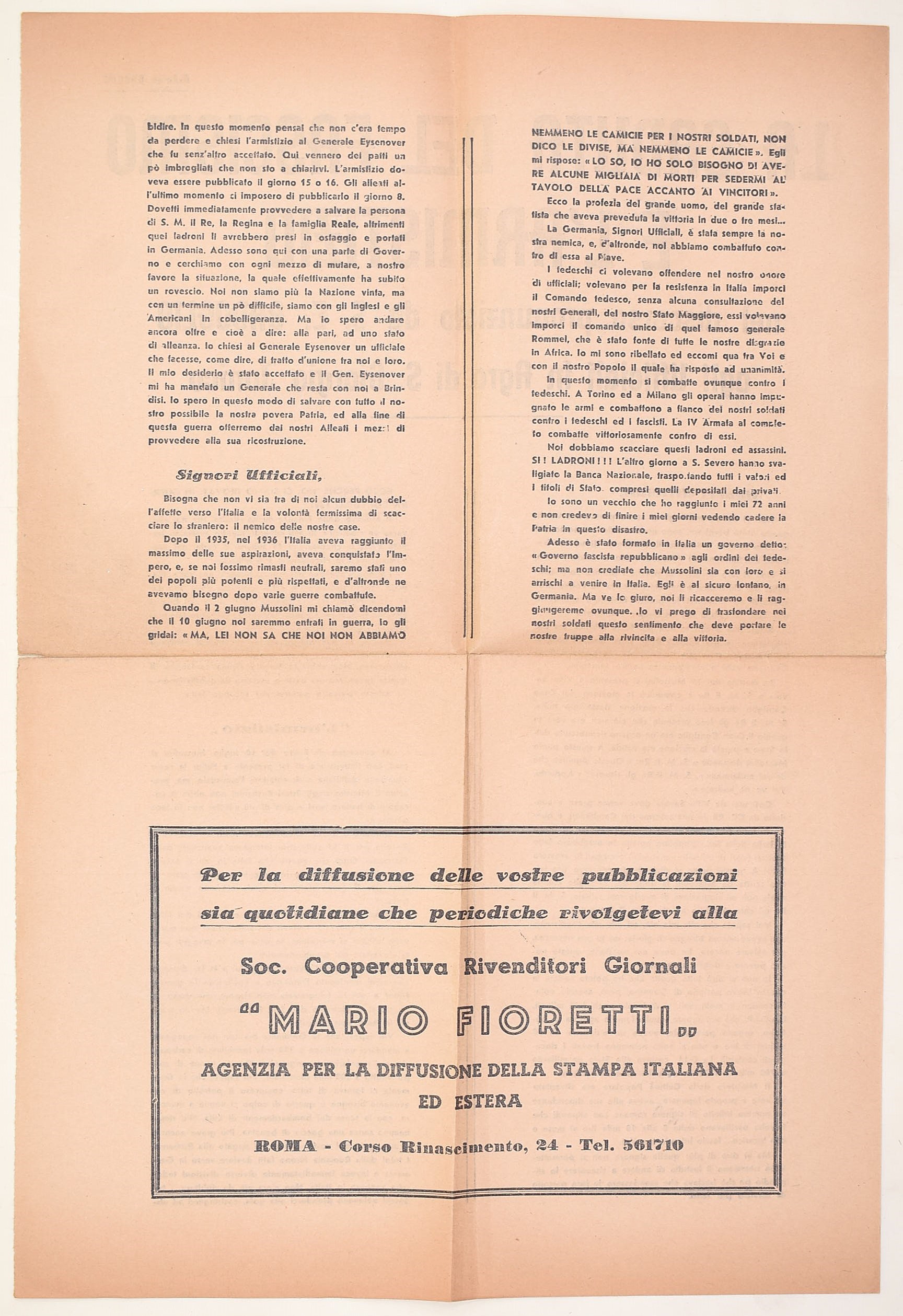 Fogli storico-documentari, Caduta del fascismo e governo Badoglio con facsimile de Il Messaggero ...