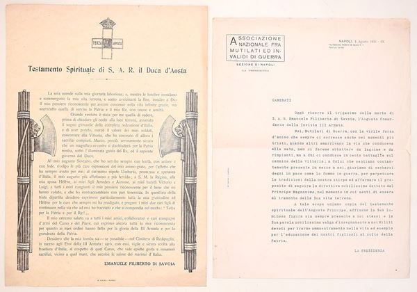 Documenti commemorativi relativi a Emanuele Filiberto di Savoia  - Asta Asta a Tempo - Il Secolo della Propaganda: manifesti, volantini, documenti politici ed ephemera d'archivio - Casa d'Aste Arcadia